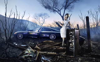 Woman white dress car burned - david lachapelle free wallpaper