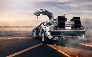 Delorex retrofuturism mattepainting military vehicle - its hood open free wallpaper
