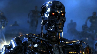 Robot glowing eyes dark room - cyberpunk art free wallpaper