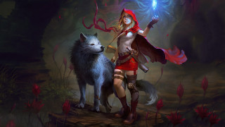 Red dress woman wolf glowing - a wolf free wallpaper
