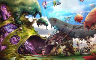 Fantasy group people field boat - a painting of a group free wallpaper