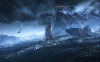 Ship ocean rock birds cinematic - a ship in the ocean free wallpaper