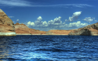 Mountain lake clouds beach water - widescreen free wallpaper