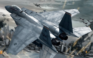 Fighter jet clouds city skyline - overhead in the sky above free wallpaper