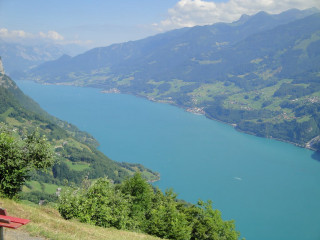 Bench lake mountains valley town - carl hoppe free wallpaper