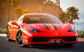 Red sports car ocean cliff 3 - palm tree free wallpaper