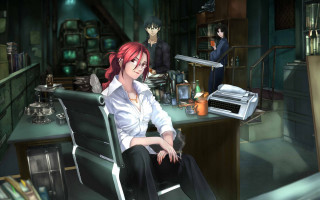Woman redhair sitting desk portrait - other person free wallpaper