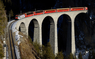 Mountain train bridge forest city - symmetric free wallpaper