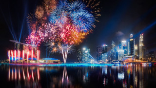 City skyline fireworks reflection night - firework free wallpaper