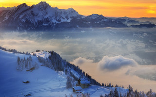 Mountain house sunset clouds snow - cloud and snow free wallpaper