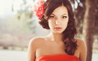 Woman red dress flower hair 4 - a red flower free wallpaper