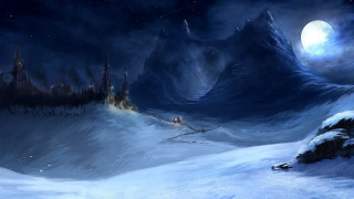 Snowy landscape castle moon aurora - a painting of a snowy landscape free wallpaper
