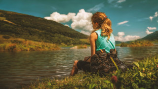Woman lake mountains hiking boots - a storybook illustration free wallpaper for desktop