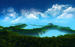 Fantasy landscape lake trees sky - a painting of a landscape free wallpaper