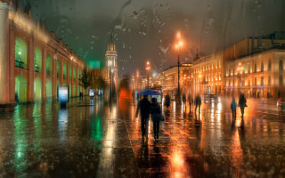 Night rainy street umbrella cityscape - evgeny lushpin free wallpaper