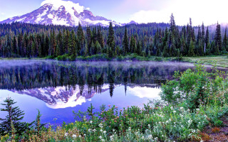 Mountain lake trees sky park - impressionist free wallpaper