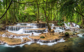 Waterfall forest people nature bridge - a waterfall in a forest free wallpaper