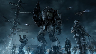 Giant robot city night helicopter - mecha free wallpaper