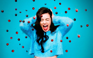 Woman cherries blue background pop - cherry free wallpaper
