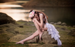 Woman flower hair rock water - impressionist free wallpaper