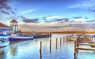 Dock boats clocktower sunset cityscape - several boat free wallpaper