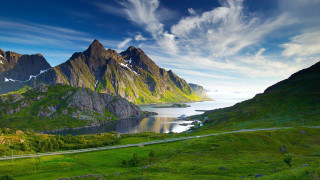 Mountain lake road bush clouds - scenic free wallpaper