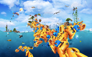Group people yellow boat ocean - lyco art free wallpaper for desktop