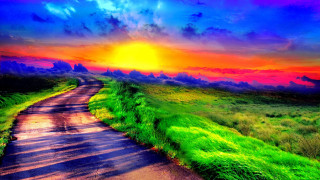 Sunset road mountains grass clouds - a matte painting free wallpaper for desktop