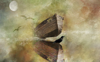 Bird boat rock flying moon - metaphysical painting free wallpaper