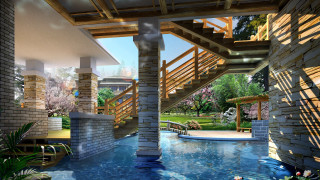 Pool waterfall staircase urban architecture - a waterfall free wallpaper