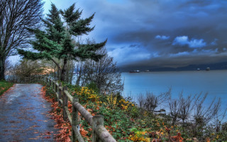 Lake path fence trees cloudy - a fence and trees free wallpaper