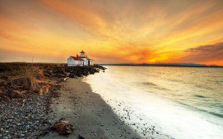 Lighthouse rocky shore sunset ocean 4 - sunset free wallpaper