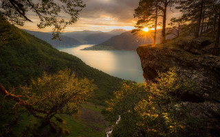 Sunset lake mountains waterfall forest - arthur quartley free wallpaper