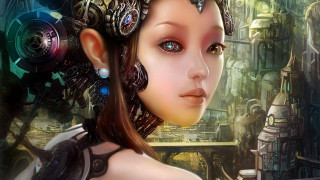 Futuristic woman clock headpiece steampunk - cyberpunk art free wallpaper
