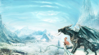 Dragon woman snowy mountains fantasy - the background and a sky background free wallpaper