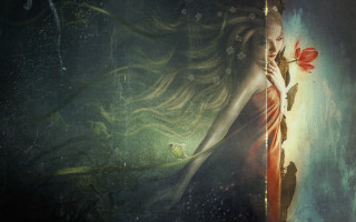 Longhair woman flower bird moon - long hair holding free wallpaper