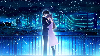 Couple cityscape night snow falling - a couple standing next free wallpaper
