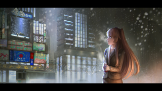 Woman city snow night skyline - graffiti free wallpaper