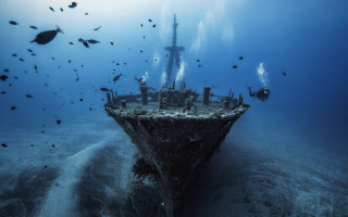 Ship ocean fish people surreal - stuckism free wallpaper