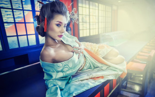 Woman blue dress bench cellphone - artgerm free wallpaper for desktop
