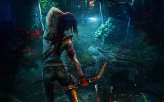 Man bow arrow forest night - light in the background free wallpaper