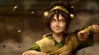 Woman green yellow outfit pointing - her right hand free wallpaper