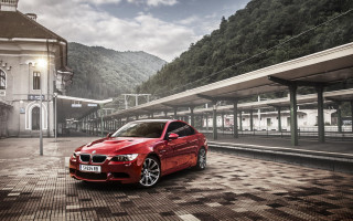 Red car train station mountain - cinematic photography free wallpaper
