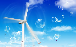 Wind turbine bubbles sky clouds - a few bird free wallpaper