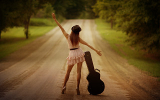 Woman dress guitar dirt road - a guitar free wallpaper