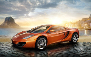Car ocean city mountain sunset - matte drawing free wallpaper