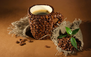 Coffee cup coffee beans burlap - a green leaf free wallpaper
