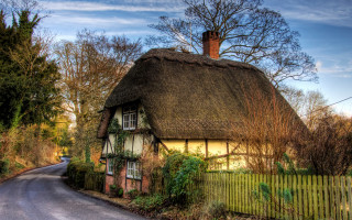 Thatched house green gate fence - hdr free wallpaper