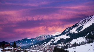 Mountain town pink sky clouds - colorful cloud free wallpaper