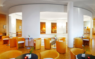 Room chairs tables windows lights - open ceiling free wallpaper